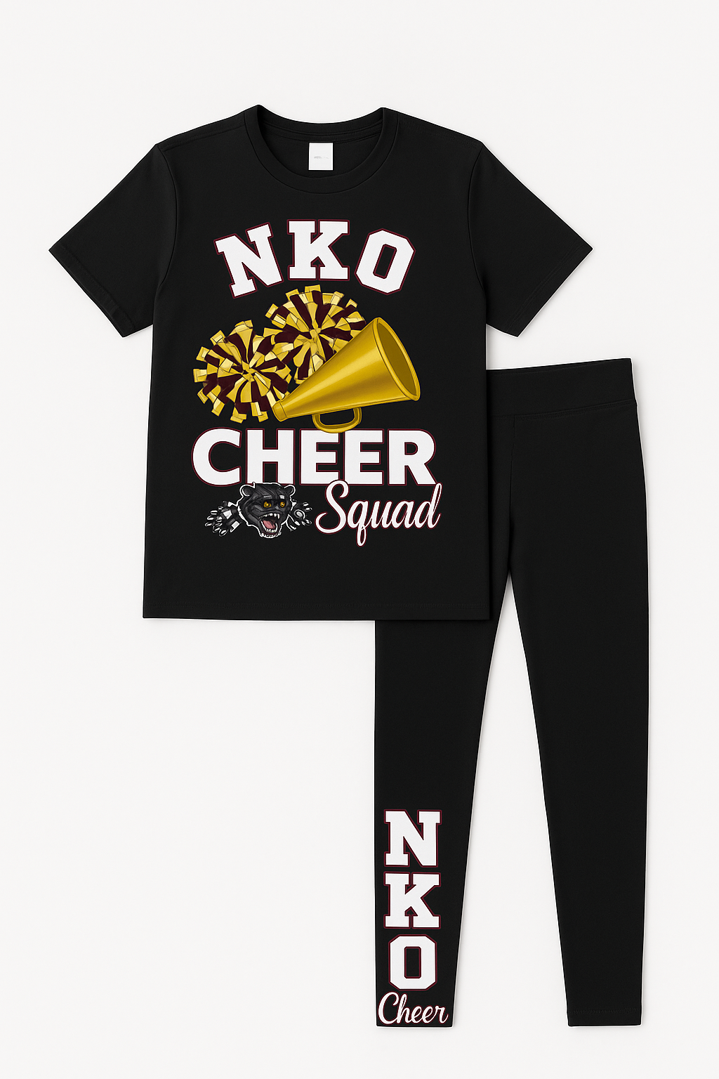 Cheer Squad 2-Piece Set – Gold, Maroon & White Cheerleader Outfit (T-Shirt + Cotton Leggings)